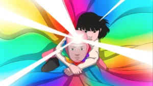 ilustração de uma menina a voar nas costas de outra personagem que irradia várias cores