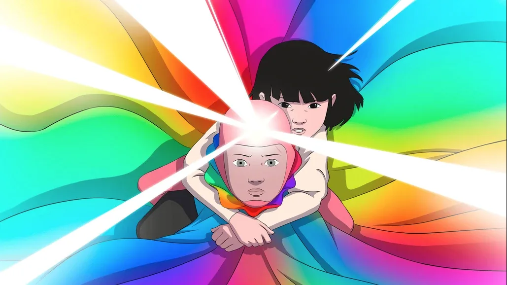 ilustração de uma menina a voar nas costas de outra personagem que irradia várias cores