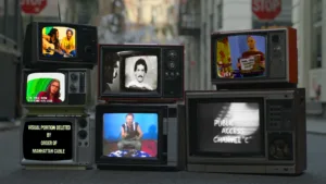 várias televisões antigas, ligadas em vários programas, em cima umas das outras, no meio da rua.