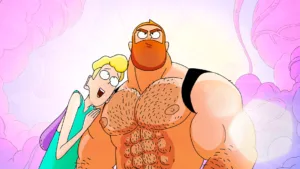 animação de duas personagens, a da direita é forte e musculada, e a da esquerda mostra-se apaixonada por ela