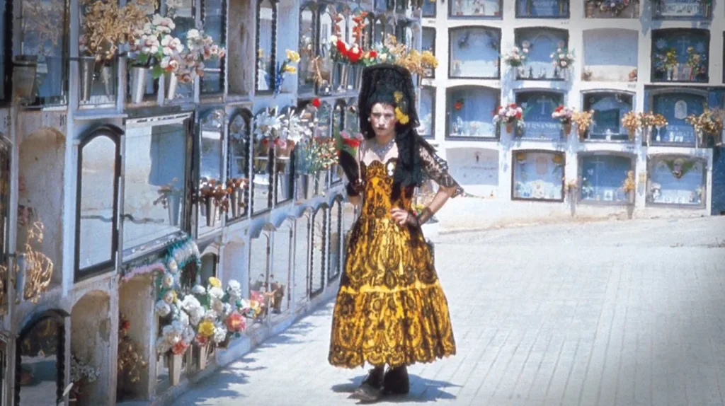 homem com um ar chateado, usa um vestido, segura um ramo de flores, e está no meio de um cemitério